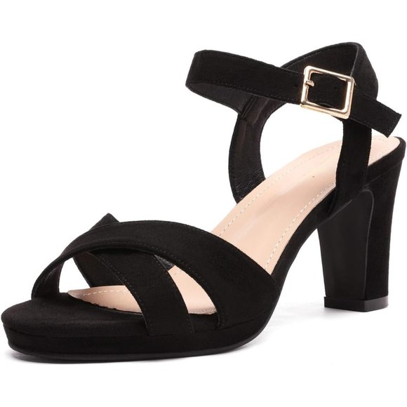 Women Women’s Open Toe Ankle Strap Sparkly Strappy Chunky Heel Pump black Sandals